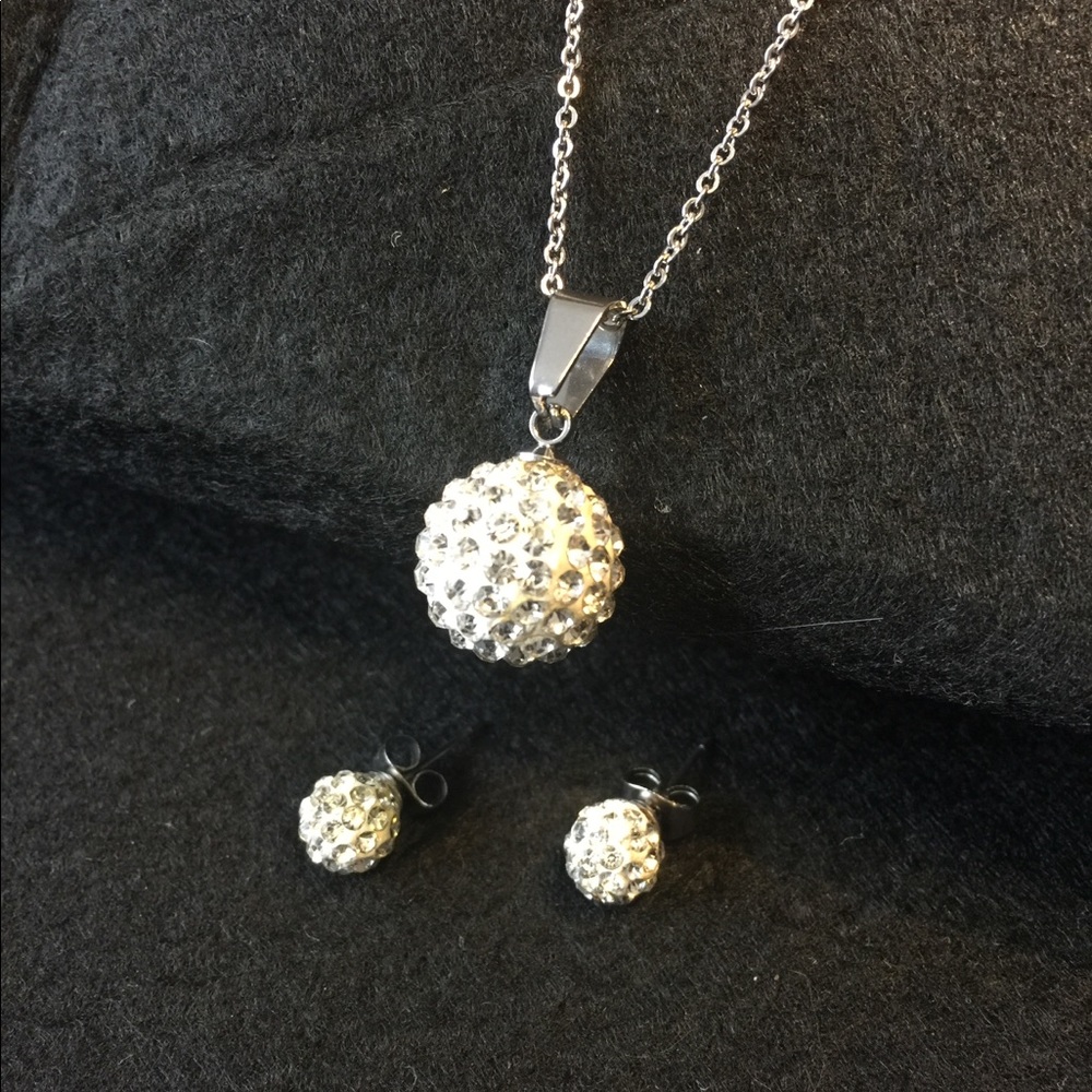 Silver Rhinestone Ball Necklace & Stud Earring Set